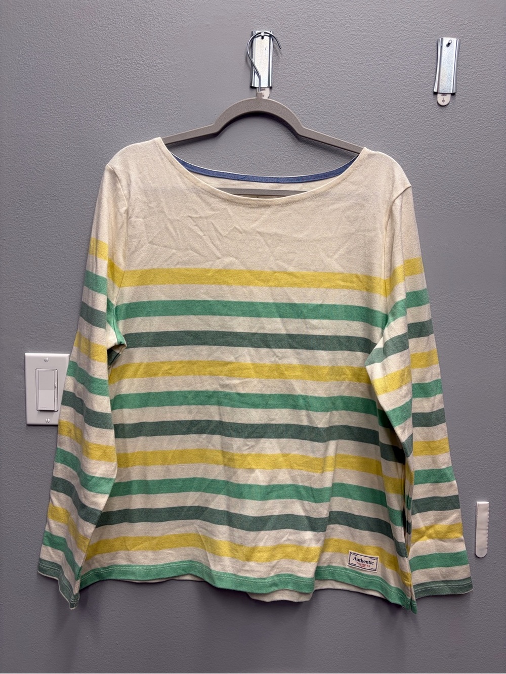 Talbots Authentic multistripe green cream bateau neck long sleeve Tee XL